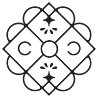 A geometric, symmetrical emblem featuring interlocking diamond shapes, circular loops, and floral accents.